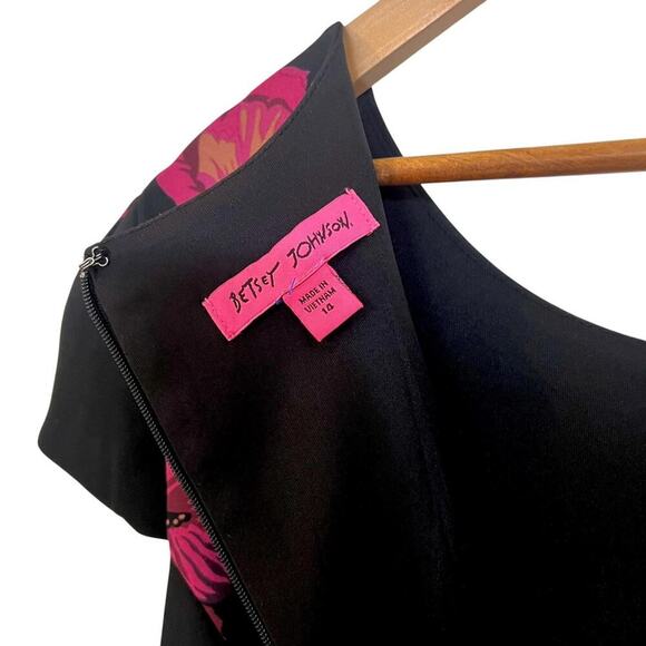 Betsy Johnson Dress Size 14 Black Floral Sheath Front Slit Scuba Cap Sleeve - Picture 6 of 11